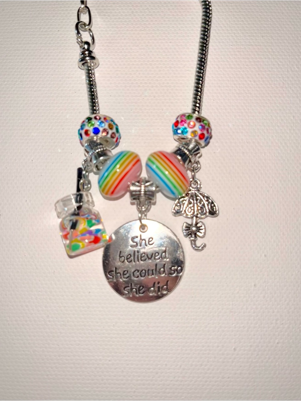 Inspirational Rainbow Charm Snake Bracelet - Silver Tone with Multicolor Accents
